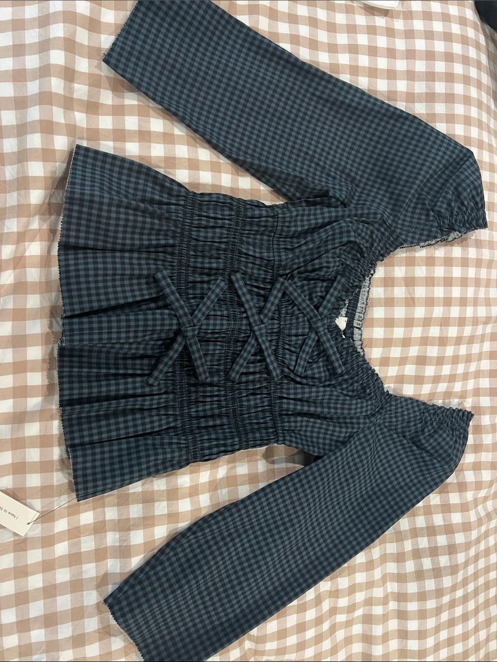 Reformation Dark Teal Gingham Smocked Square-Neck Top
